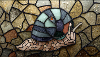 濡れた落葉背景でステンドグラス風ナメクジが静かに進む