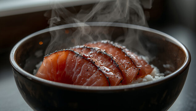 雨の夕方の光でしっとり映すかつおのたたき丼の落ち着いた一杯