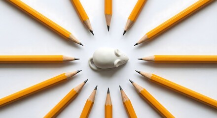 Minimalist flat lay of yellow pencils pointing at small white mouse on white background representing pressure or focus