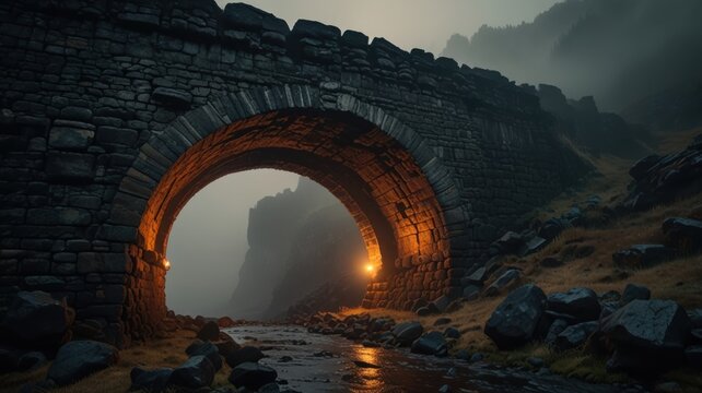 Ancient Fog Bridge Crossing Over Road with Orange Lamps and Jagged Slopes