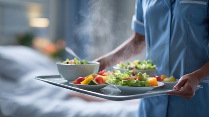 Naklejka premium Nurse In Blue Uniform Carries Fresh Salad Bowls On Tray For Patients In Hospital Dining Area