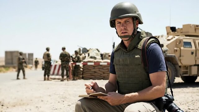 Man war correspondent in helmet and bulletproof vest writing in notebook in desert, surrounded by soldiers and military vehicles
