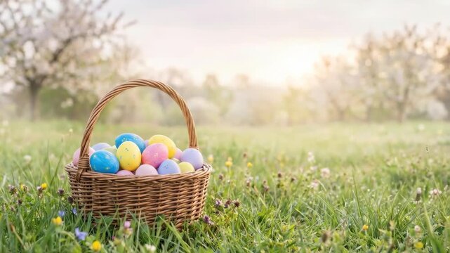 Easter basket with colorful eggs in a spring field with blooming trees and golden sunlight. Holiday celebration concept