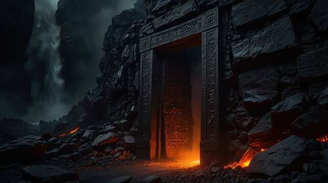 Ancient Obsidian Grave Door in Volcanic Cliff with Burning Lava Flow Background