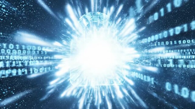 3d animated digital padlock unlocking sequence. Holographic lock with binary code streams transitions from locked blue to unlocked green. Cybersecurity data protection concept.