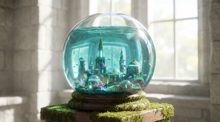 Snow globe containing a submerged underwater city flood