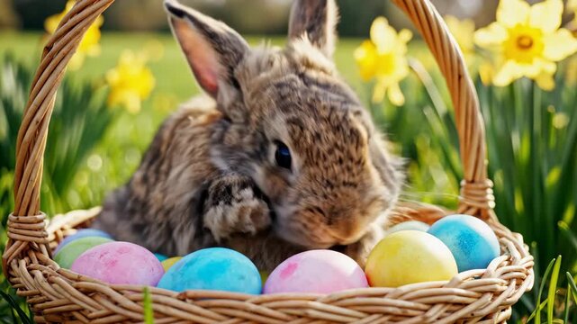 Adorable rabbit emerging from woven basket with colorful eggs amid daffodils. Cute bunny sequence relaxing in spring garden for easter holiday theme and festive animal concept