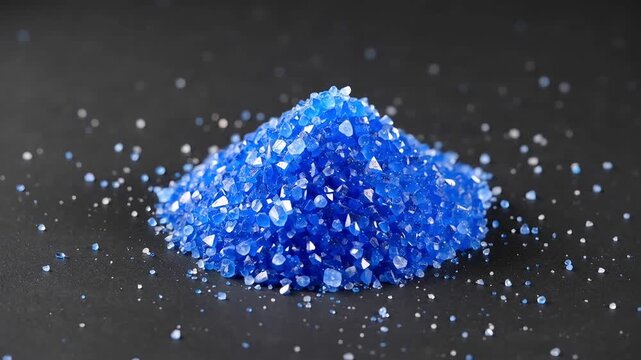 Small pile of bright blue translucent mineral crystals on dark black matte surface