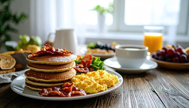 Delicious Breakfast Feast - Pancakes, Eggs, Bacon, and More.