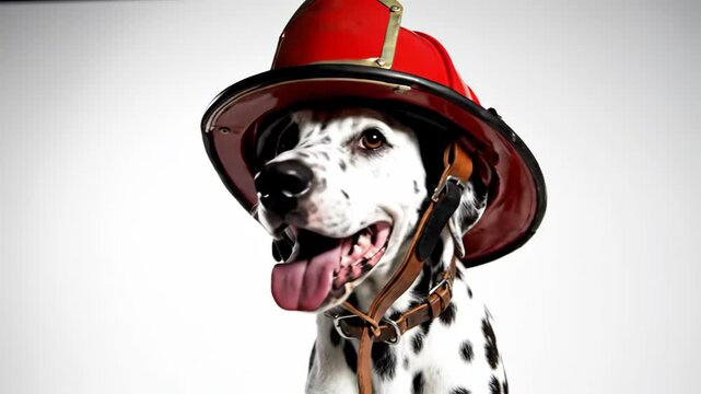 Dalmatian dog wearing red firefighter helmet in closeup studio portrait. Happy spotted canine posing as fire rescue animal for pet theme photography.