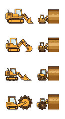 Dynamic Yellow Construction Vehicles Engaged In Earth Moving Operations Set Illustration