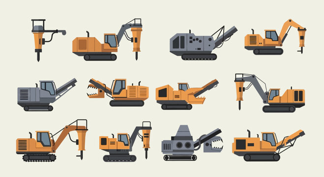 Essential Collection Of Industrial Demolition And Earthmoving Machinery Vector Graphics Set