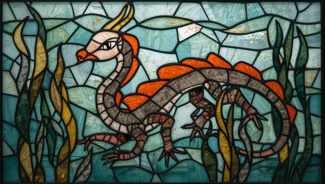 海草帯の光を受けステンドグラス風リーフィーシードラゴンが漂う