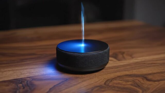 Closeup of holographic smart device displaying music news and weather interfaces. Futuristic voice assistant projecting app icons above wooden surface for digital control.