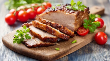 A Deliciously Cooked Roast Meat On A Wooden Cutting Board Surrounded By Fresh Cherry Tomatoes And Fresh Green Herbs For Culinary Delight