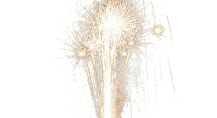 Obraz premium magnificent golden and silver sparkling fireworks bursting outward, scattering dynamic light trails and delicate silver glitter against a clean transparent background. Festive celebration atmosphere