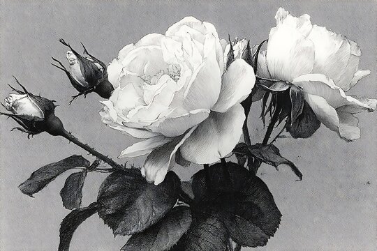 Traditional roses drawn in vintage engraving high resolution picture