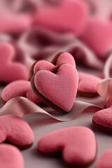 Obraz premium Bright pink heart-shaped cookies are arranged on a table with a soft ribbon. The scene shows a festive feel and a setup for a special event or party, celebrating love and joy