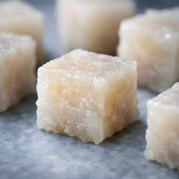 Ultra-realistic macro food photography of fermented shark h&aacute;karl cubes, cleanly cut and naturally lit. Shallow depth of field, cool Nordic tones, minimal background, professional stock quality.