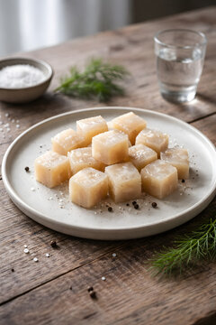 Ultra-realistic food photography of traditional Icelandic h&aacute;karl cubes on a minimalist plate. Clean Scandinavian style, rustic wooden table, soft natural daylight, calm documentary mood.