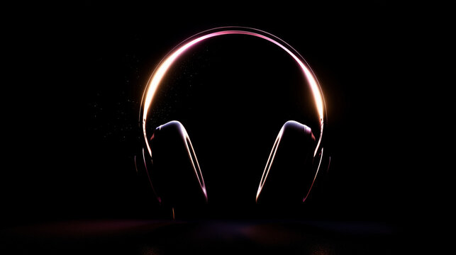 Hyperrealistic premium commercial stock photo of professional headphones as a clean silhouette against a dark studio background, strong neon rim light outlining the entire headphon