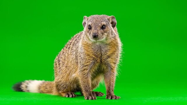 A Banded Mongoose Sits Still on a Vibrant Green Background.