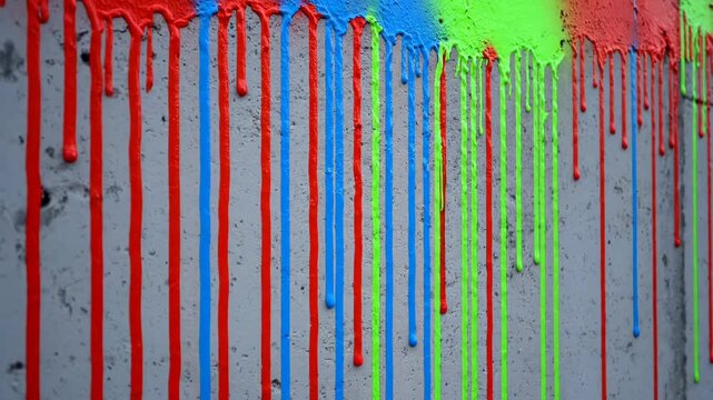 Vibrant paint drips down a textured concrete wall. Bold colors create a dynamic and abstract visual effect.