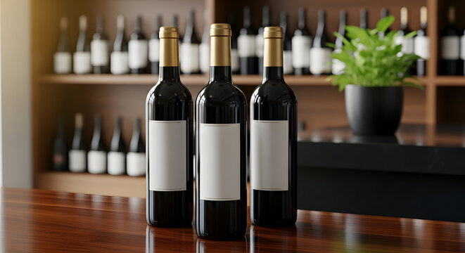 Three dark glass wine bottles with blank white labels stand on a wooden bar alcohol beverage