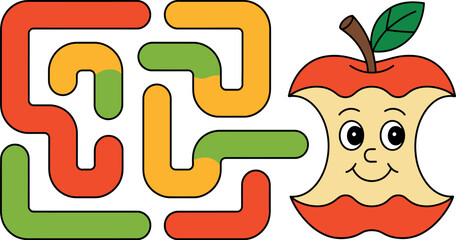 A cartoon apple with a maze on a white background