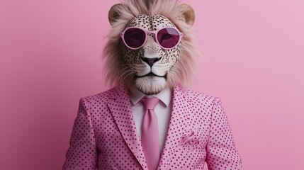 A spotted lion-headed figue wears a pink polka dot sit with matching tie and snglasses against a monochrme pink backdrop. Whimsica and retro-inspired characer portrait.