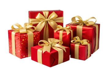 Obraz premium Five luxurious red gift boxes, some glossy, one velvet, intricately tied with golden bows, sharp focus on white reflective surface, gray background. concept of elegant holiday giving