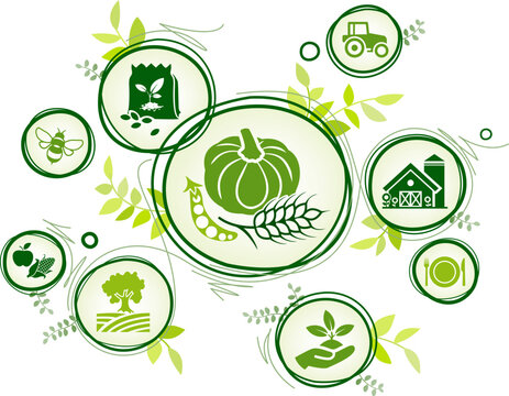 Farming vector illustration. Green concept with leafs & icons related to farming industry, agriculture / agronomy, cultivation of crops, harvesting rural farmland, gardening.