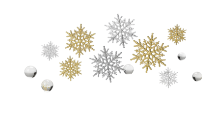 Gleaming golden and silver decorative snowflakes and clear glass beads suspended over a highly reflective white surface against a clean gray background, high detail. Concept of sophisticated winter