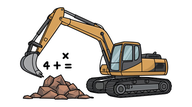 A cartoon excavator is digging rocks with a math problem in the background