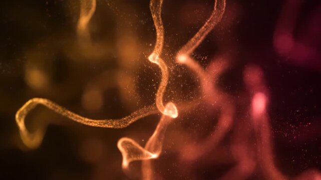 Abstract particles swirl and dance in a cosmic ballet. Shimmering lights create a mesmerizing, ethereal journey through space.