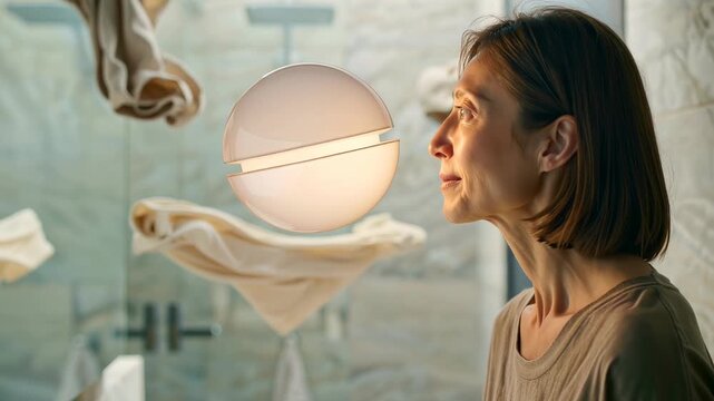 Asian adult woman standing in modern bathroom illuminated by floating glowing sphere, alien inspired smart home light creating calm personal care atmosphere. Concept of intelligent bathroom, futuristi