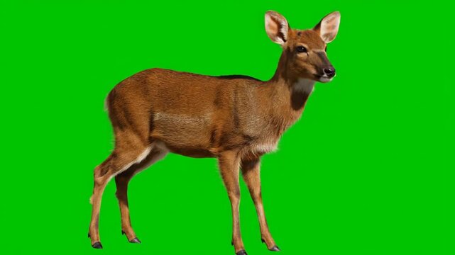 A Beautiful Brown Deer Stands Still on a Green Screen Background.
