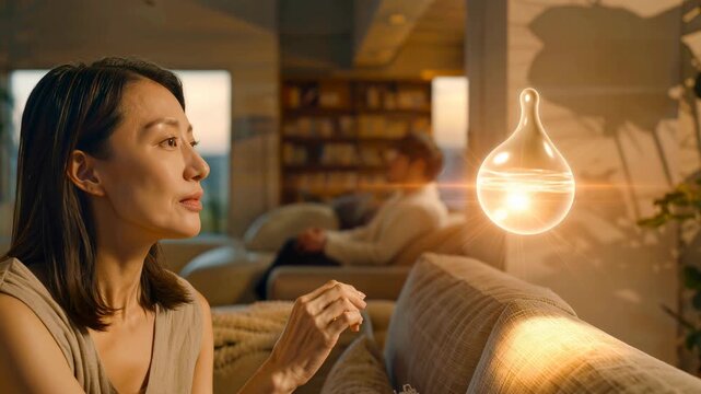 Asian adult woman interacting with floating smart droplet light in cozy living room, alien inspired technology integrated into modern smart home interior. Concept of future living, intelligent design,