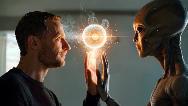 Alien humanoid transmitting advanced technology to human man through glowing energy sphere indoors, moment of contact between extraterrestrial intelligence and humanity. Concept of knowledge transfer,