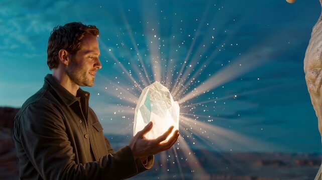 Alien humanoid transferring glowing crystal of knowledge to human man outdoors at dusk, symbolic exchange of advanced technology and wisdom. Concept of alien contact, knowledge transfer, and future of
