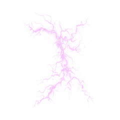 Purple lightning bolt strike with glowing electric discharge and branching sparks, pink energy flash isolated on transparent background, magical plasma power effect