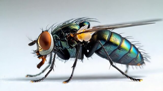 Detailed macro shot of a common fly with iridescent green and blue body