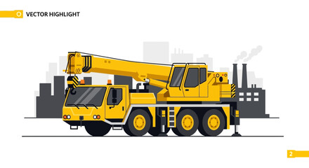 Heavy Duty Yellow Mobile Crane Working On Urban Construction Site With Industrial Background