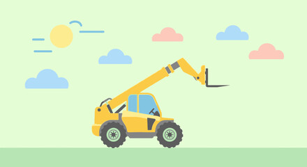 Heavy Duty Yellow Telehandler Equipment Moving On Site Under Sunny Skies With Clouds