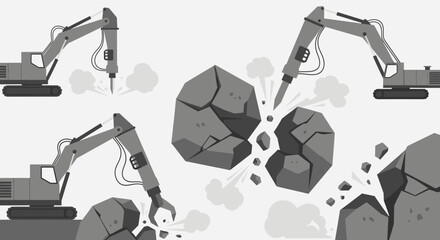 Heavy Equipment Actively Crushing And Demolishing Rocks At Construction Site