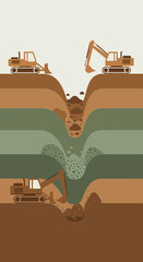 Heavy Equipment Digging Deep Into Layered Earth At Construction Site For Foundation Work And