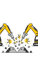 Heavy Equipment Demolishing Ground With Powerful Hydraulic Breakers Generating Intense Sparks