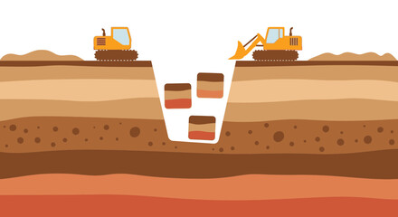 Heavy Equipment Digging Deep Trench Through Layered Earth Strata Construction Site Work Process