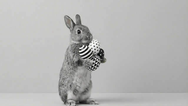 Small grey Easter bunny standing holding large monochrome eggs on grey background