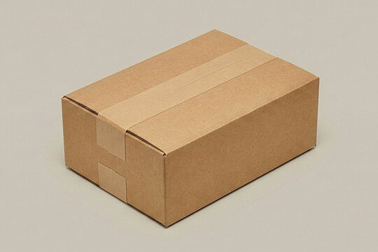 Isometric high angle view of a closed rectangular cardboard shipping box sealed with wide paper tape
